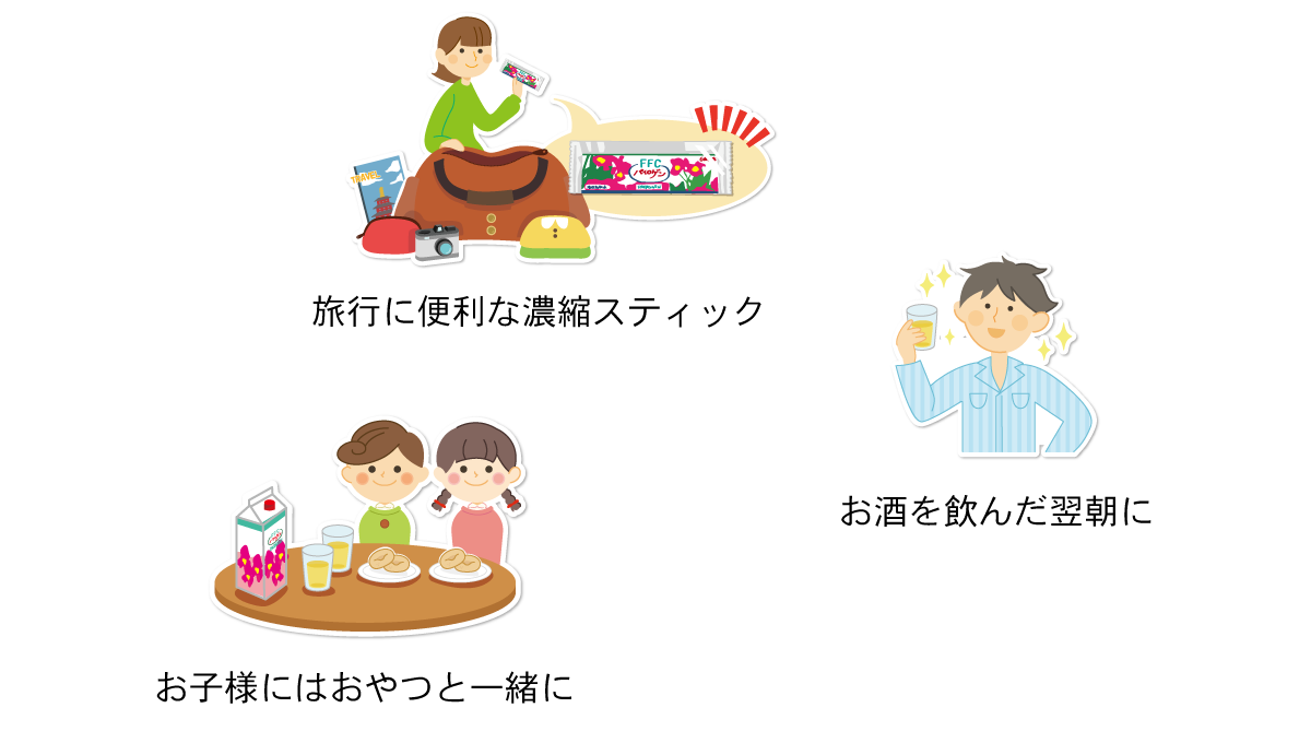 お酒を飲んだ翌朝に／旅行に便利な濃縮スティック／お風呂にもパイロゲン／お子様にはおやつと一緒に