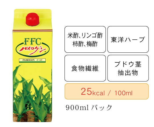 パイロゲンゴールド（米酢、リンゴ酢、柿酢、梅酢／東洋ハーブ／食物繊維／ブドウ茎抽出物／25kcal/100ml／900mlパック標準小売価格2,592円