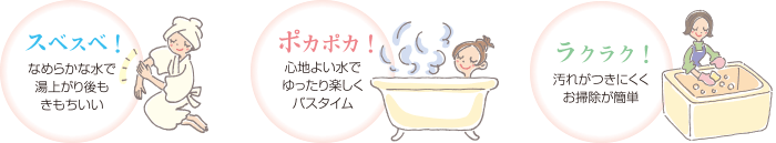 スベスベ!なめらかな水で湯上り後もきもちいい ポカポカ!心地よい水でゆったり楽しくバスタイム ラクラク!汚れがつきにくくお掃除が簡単